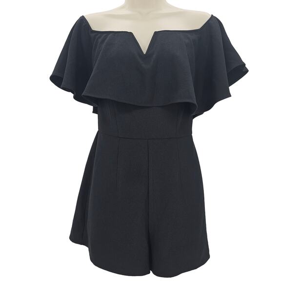 Leith Womans size XS Off Shoulder Notch Neck Detail Black Romper Ruffle at Bust - Picture 1 of 8